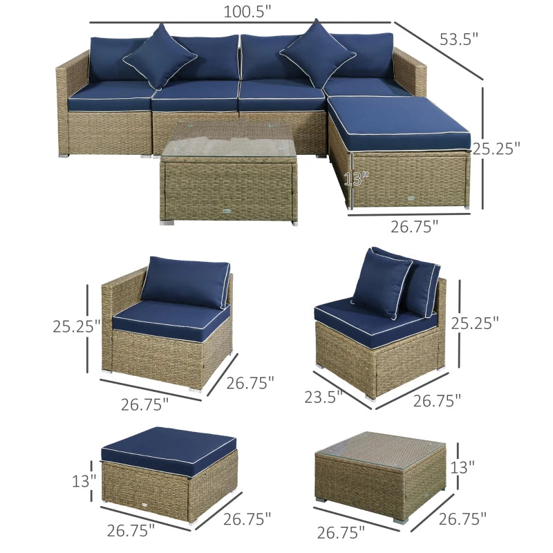 Outsunny 6 Pieces Outdoor PE Rattan Wicker Patio Furniture Sofa Set with Thick Cushions, Deluxe Garden Sectional Couch with Glass Top Table, Yellow and Navy Blue