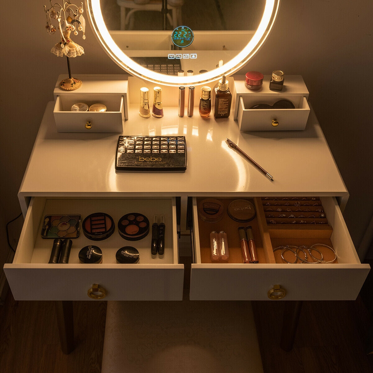 Vanity Set with 3-Color Lighted Touch Screen Dimming Mirror and 4 DrawersÂ