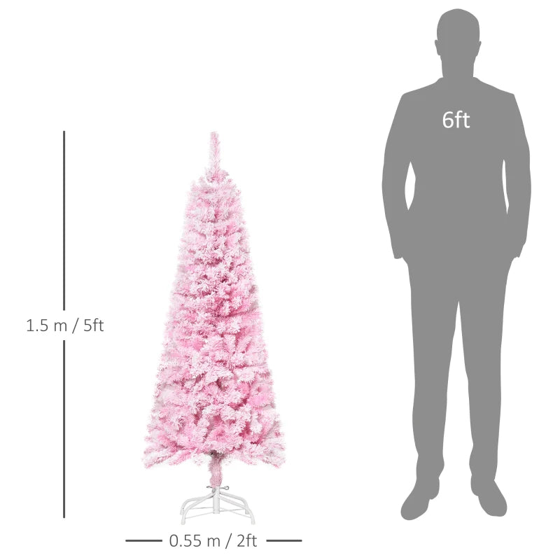 HOMCOM 5ft Snow-Flocked Artificial Christmas Tree – Slim Pencil Design, Realistic Branches, Auto Open, Steel Base, Pink
