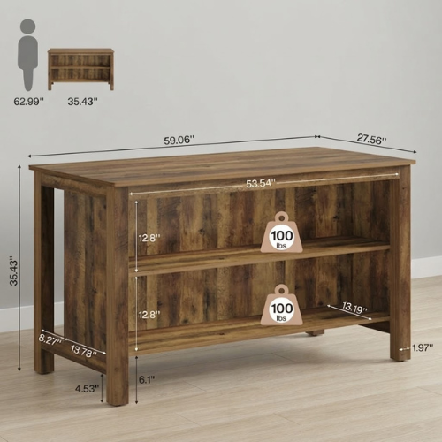 Bar Table 59" Counter Height Pub Table with 3-Tier Storage Shelves for Home Bar Kitchen Dining Room Rustic Brown