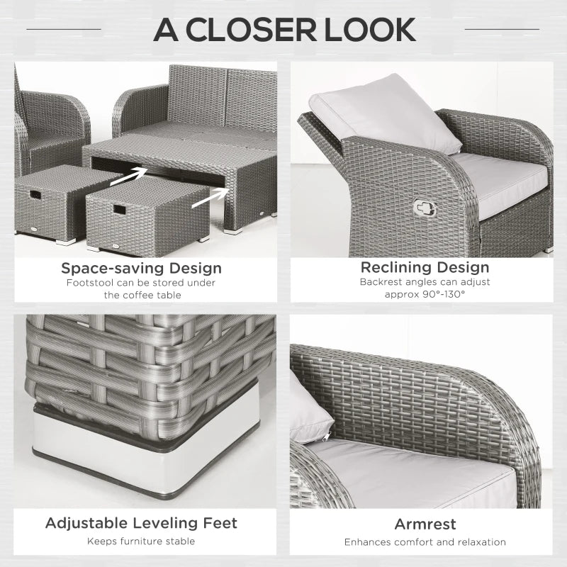 Outsunny 6 Pieces Patio Furniture Set, Outdoor rattan Sectional Furniture with recliner, for Lawn Garden Backyard