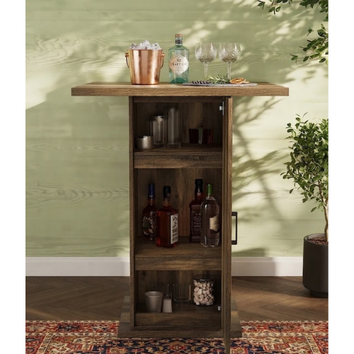 Bar Table 31.5" Square High-Top with Storage Cabinet Farmhouse Pub Table Brown