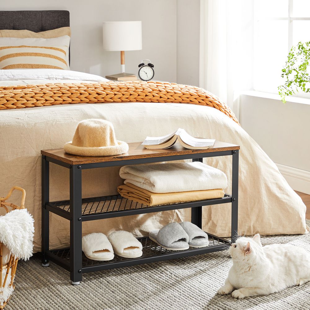 VASAGLE Shelf Storage Bench with Metal Mesh Shelves and Seat