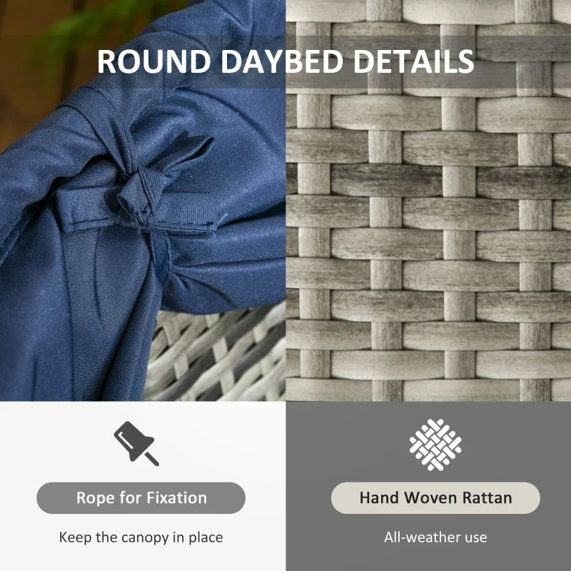 Outsunny 4 Pieces Outdoor Daybed with Retractable Canopy, PE Rattan Wicker Round Sofa Day Bed, Patio Sectional Conversation Furniture Set with Cushions and Pillows, Dark Blue