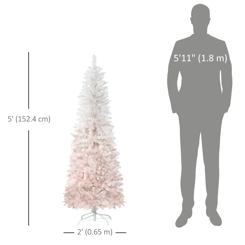 HOMCOM Pencil Artificial Christmas Tree with Pine Realistic Branches, Auto Open, Pink and White