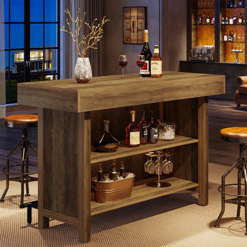 57.48" Industrial Bar Unit Counter Height Bar Table with 2-Tier Storage Shelf and Metal Footrest for Home Bar Dining Rustic Brown