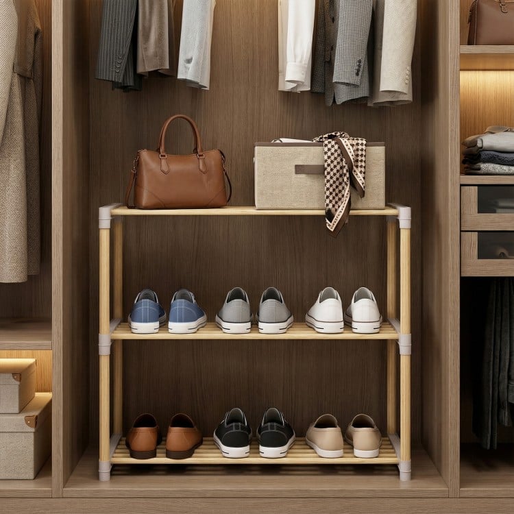 3/4-Tier Solid Wood Shoe Rack with Slatted Open Shelves-3-Tier