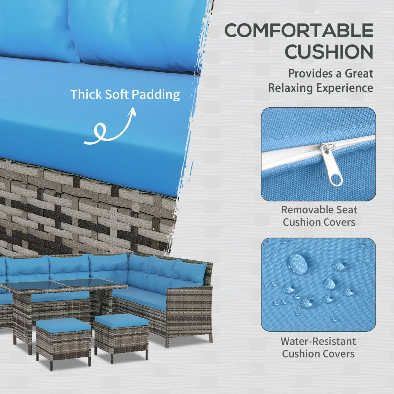 Outsunny 6pcs Outdoor Rattan Sofa Set Garden Wicker Sectional Couch Furniture Set with Dining Table and Chair Blue