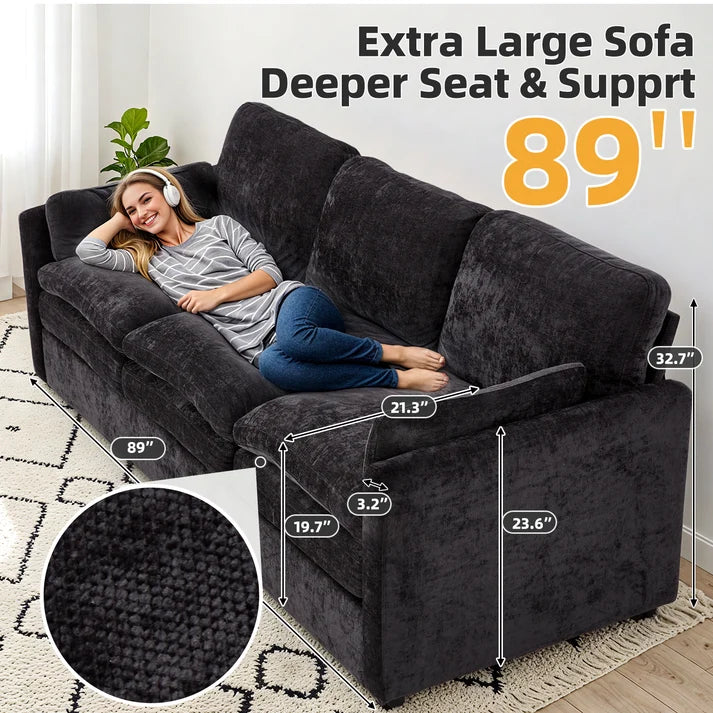 89-Inch Chenille Sofa – Modern 3-Seater Couch with 2 Removable Pillows, Black