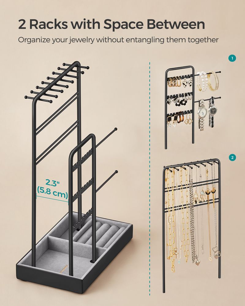 SONGMICS Jewelry Holder with Metal Frame and Velvet Tray