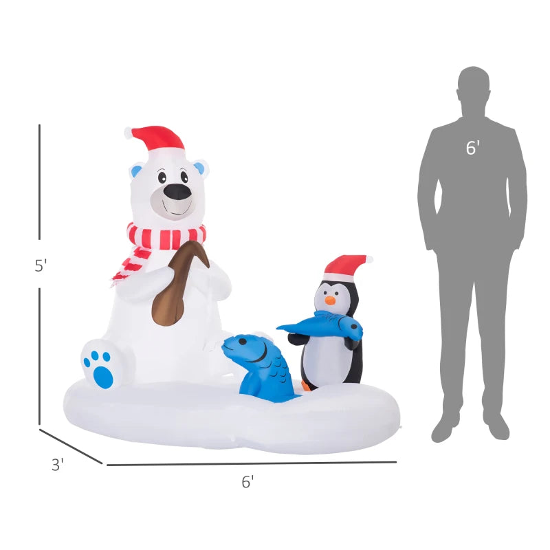 Outsunny 6ft Inflatable Christmas Polar Bear & Penguin with Santa Hat – Outdoor LED Yard Display, Blow-Up Holiday Decoration