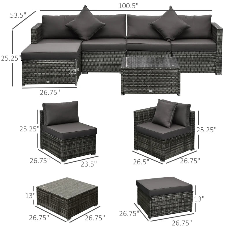 Outsunny 6 Pieces Outdoor PE Rattan Wicker Patio Furniture Sofa Set with Thick Cushions, Deluxe Garden Sectional Couch with Glass Top Table, Mixed Grey and Charcoal