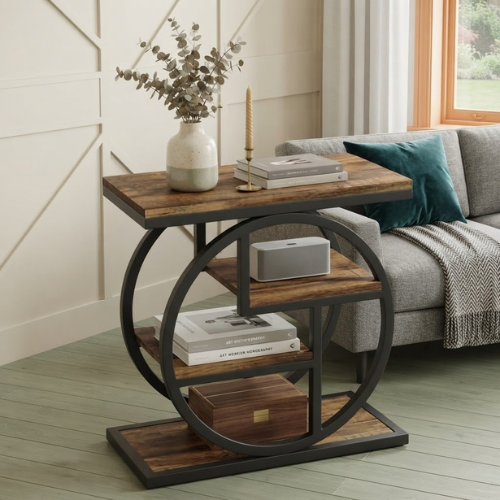 4-Tier Wood End Table, Narrow Industrial Side Table with Storage Shelves, Rustic Brown & Black Nightstand