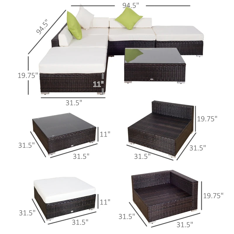 Outsunny 6 Pieces Patio Furniture Set, Deluxe Garden Wicker Sectional Sofa Set Outdoor Patio Sofa Furniture All Weather Resistant w/Cushion Seat for Porch Garden Poolside Balcony