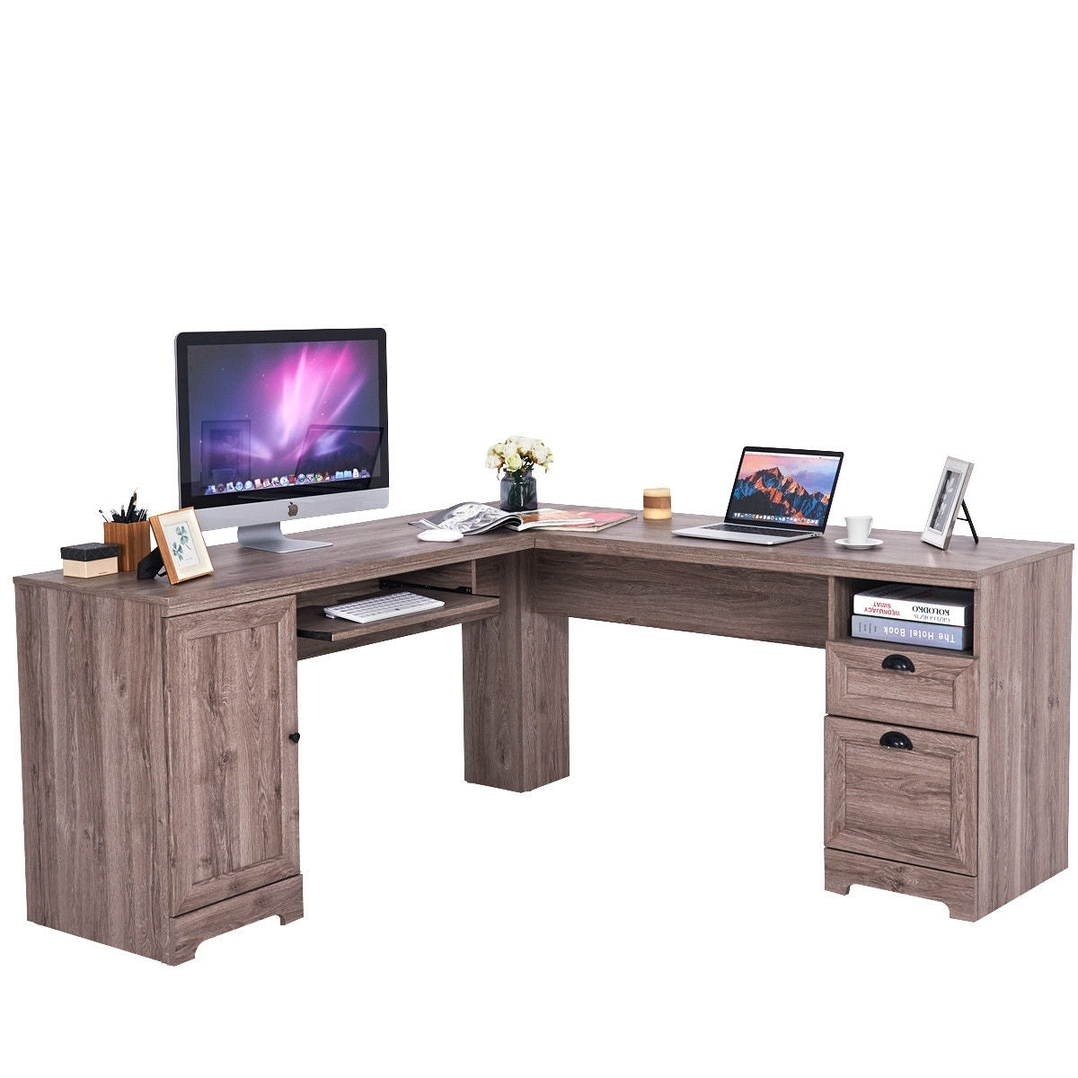 66 Inch L-Shaped Writing Study Workstation Computer Desk with Drawers-GrayÂ