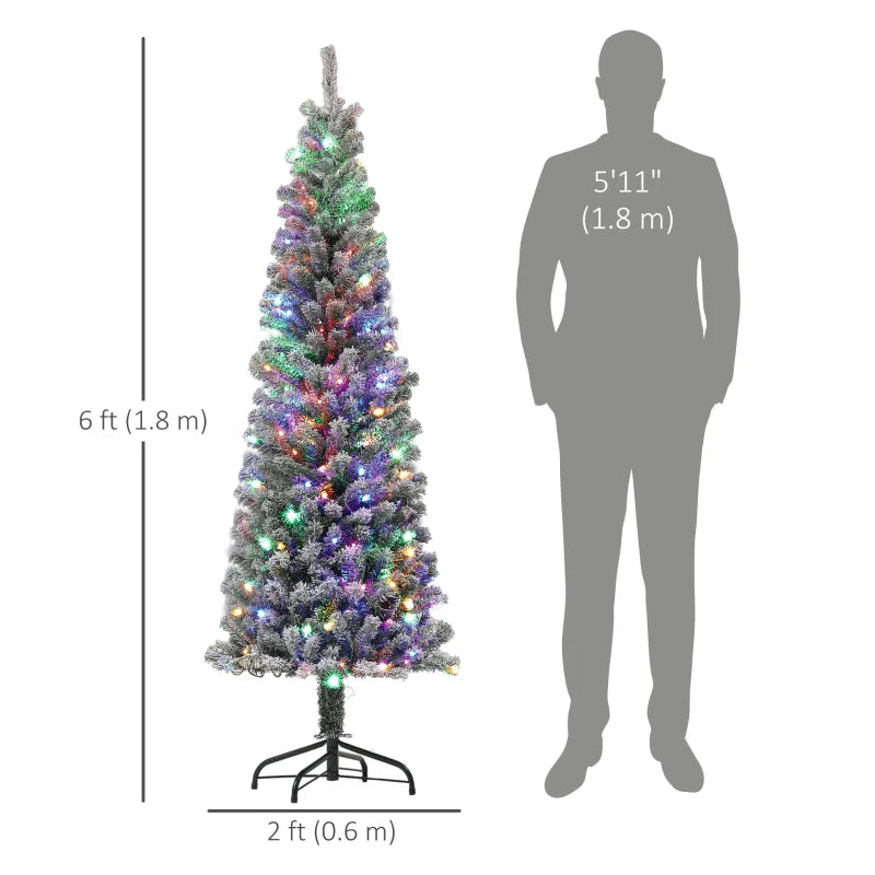 HOMCOM 6FT Prelit Pencil Christmas Tree with Remote, Slim Artificial Flocked Xmas Tree with Dual-Colour LED Lights, 429 Tips & Metal Stand
