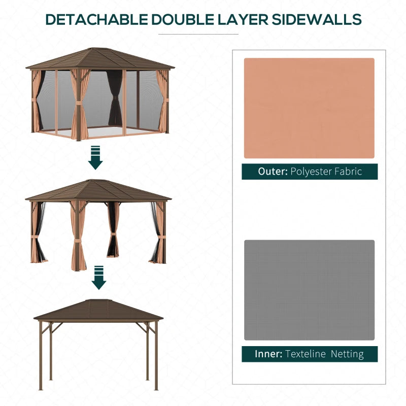 Outsunny 10' x 12' Hardtop Gazebo Steel Covered Gazebo Aluminum Frame Heavy Duty Outdoor Pavilion with Curtains and Netting, Brown