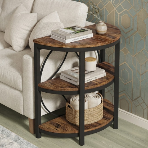 23.62" Half-Round End Table, 3-Tier Narrow Side Table with Metal Frame, Rustic Brown Half-Moon Sofa Table