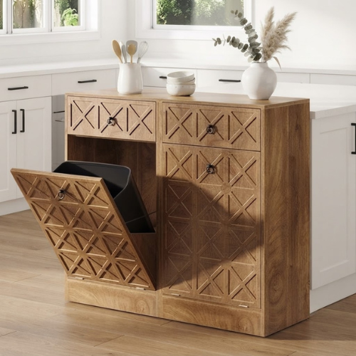 13 Gallons Tilt-Out Trash Can Cabinet with Drawer Wooden Hidden Garbage Bin Organizer for Kitchen Laundry Room Brown