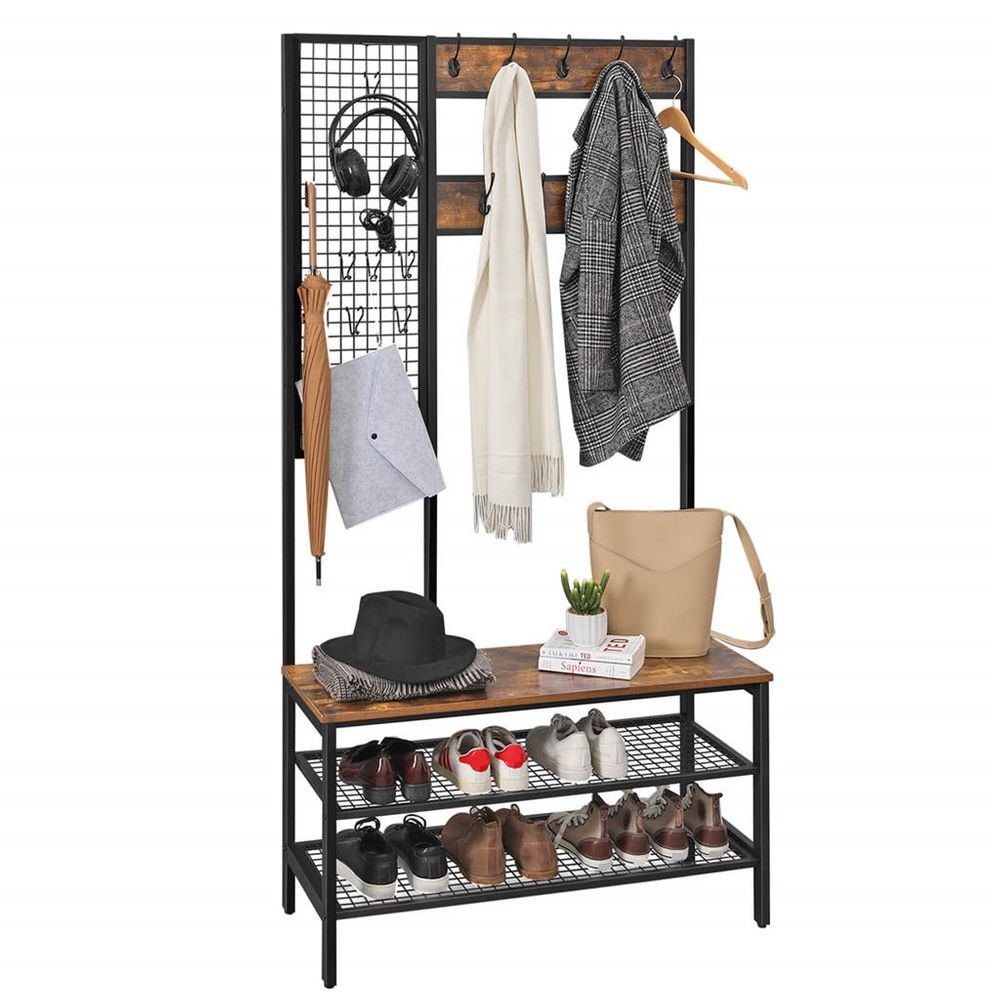 VASAGLE Industrial Coat Rack Shoe Bench with Grid Wall