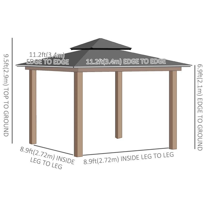 Outsunny 11' x 11' Wood Frame Hardtop Gazebo Galvanized Steel Canopy Outdoor Shelter with Double Vented Roof for Garden, Lawn, Poolside, Black