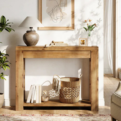 43.31" Solid Wood Console Table 2-Tier Farmhouse Narrow Entryway Sofa Table with Thick Top for Living Room Hallway Rustic Natural