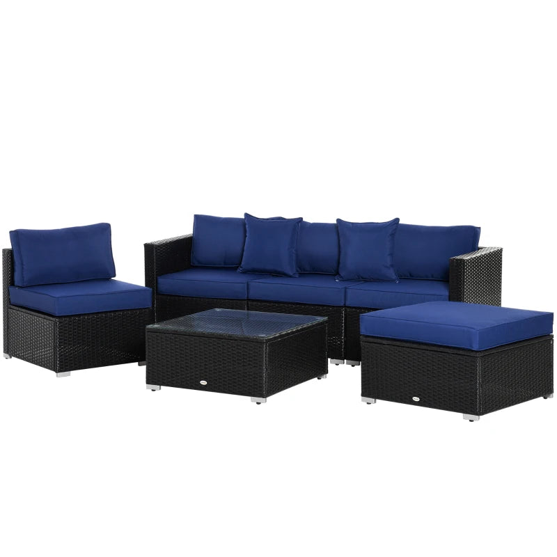 Outsunny 6 Pieces Outdoor PE Rattan Wicker Patio Furniture Sofa Set with Thick Cushions, Deluxe Garden Sectional Couch with Glass Top Table, Black and Dark Blue