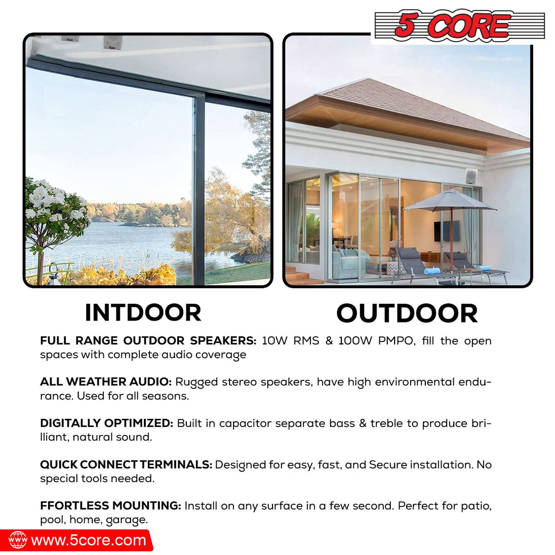 5Core 100W Peak Outdoor Stereo Speakers – Passive In-Wall Home Audio System