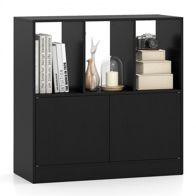 3-Cube Bookcase with Doors 3-Tier Cubic Bookshelf with Open Compartments and Cabinet-Black