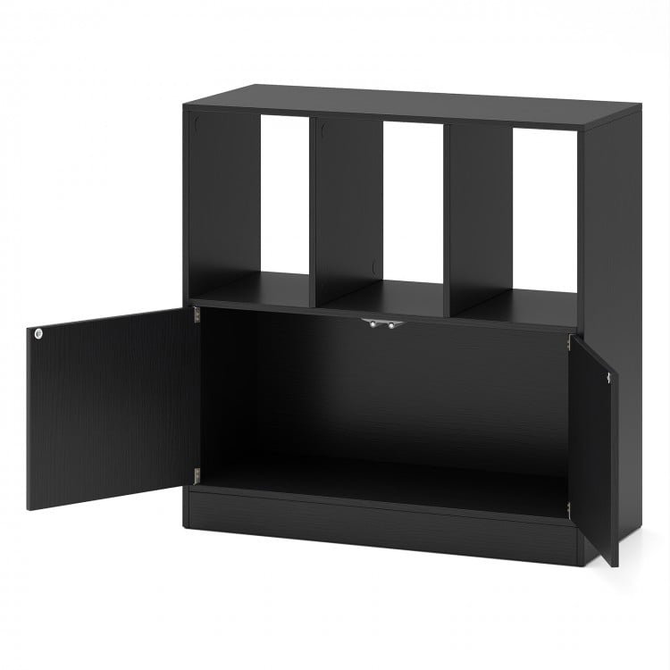 3-Cube Bookcase with Doors 3-Tier Cubic Bookshelf with Open Compartments and Cabinet-Black