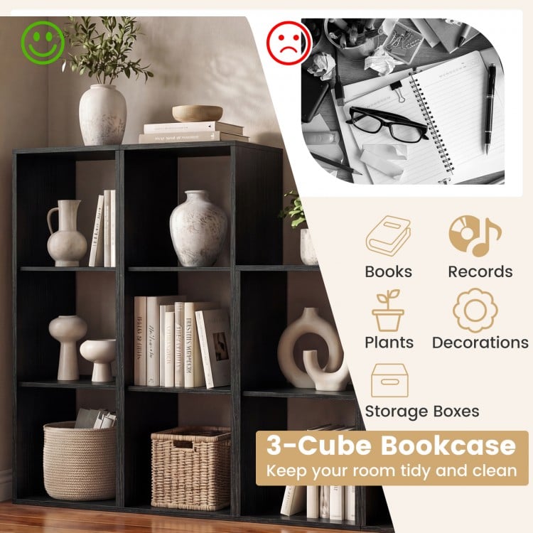 3 Cube Bookshelf with Back Guardrail for Living Room Bedroom-Black