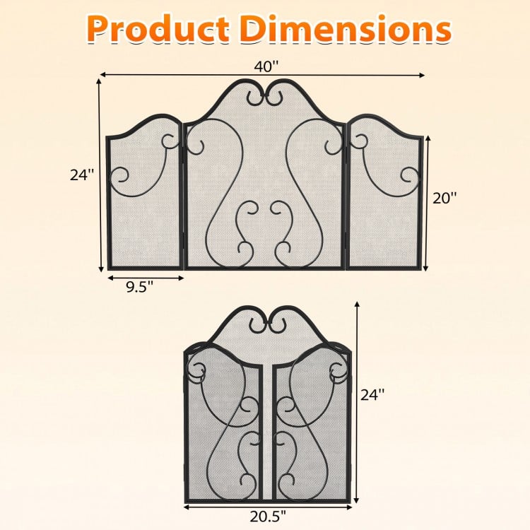 3 Panel Fireplace Screen Foldable Spark Guard Cover with Decorative Scroll