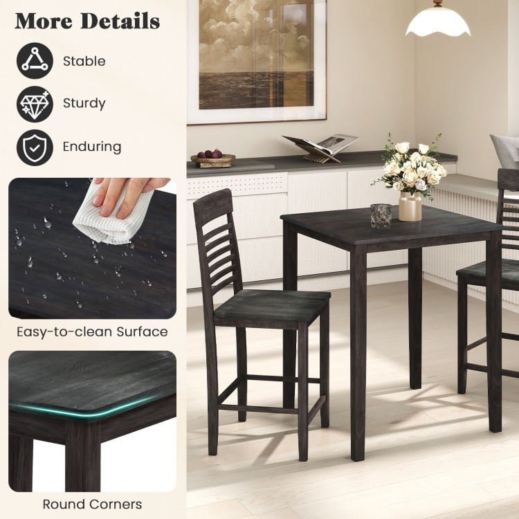 3-Piece Counter-Height Dining Table Set for 2 with Rubber Wood Frame and Footrest-Gray