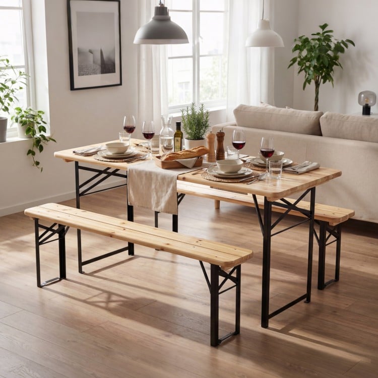 3-Piece Folding Picnic Table with Benches Fir Wood Portable Bear Camping SET-Natural