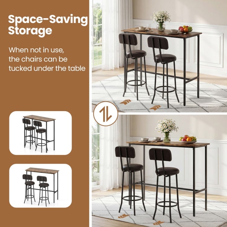 3-Piece Industrial Bar Table Set with 2 Upholstered Stools and Footrests for Dining Room-Rustic Brown