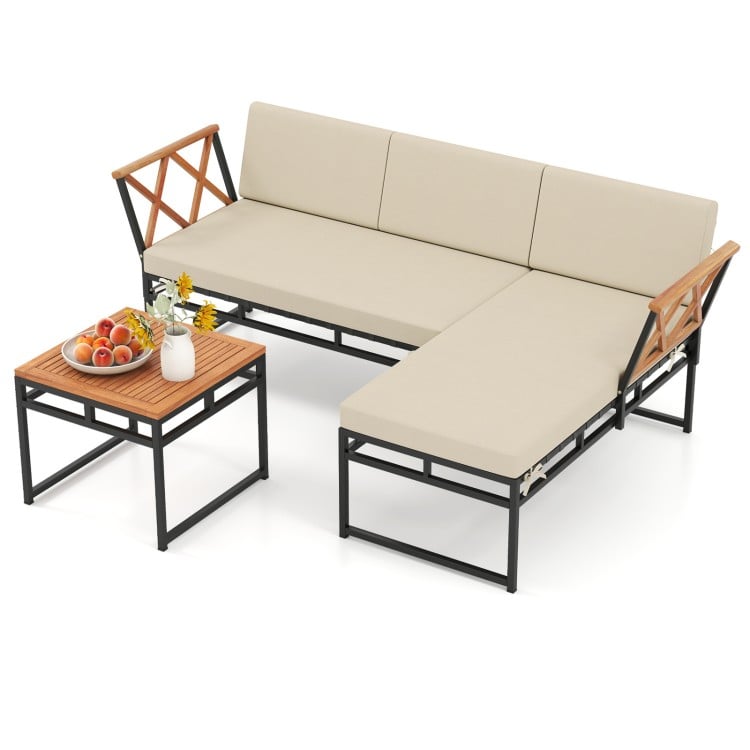 3-Piece L-Shaped Patio Furniture Set for Porch Backyard and Poolside-Beige