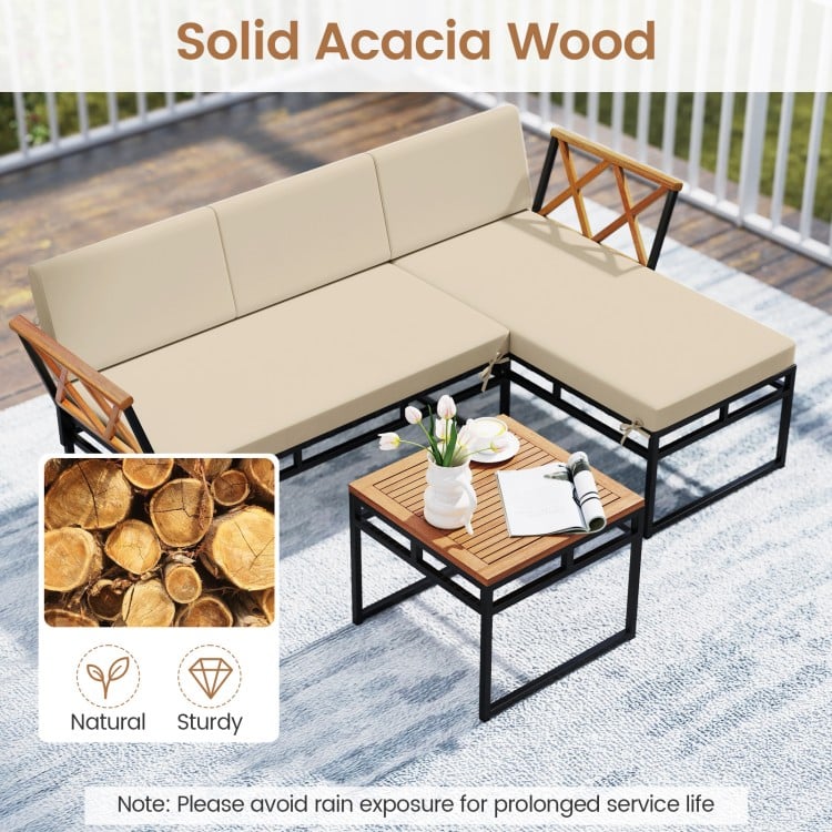 3-Piece L-Shaped Patio Furniture Set for Porch Backyard and Poolside-Beige