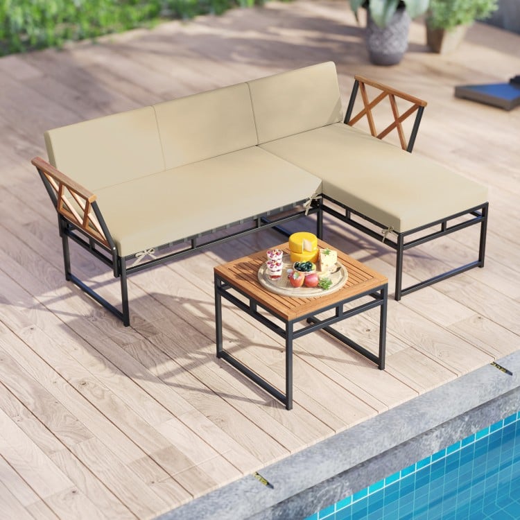 3-Piece L-Shaped Patio Furniture Set for Porch Backyard and Poolside-Beige