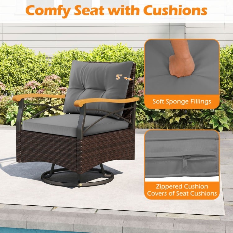 3 Piece Outdoor Swivel Chair Set with Tempered Glass Side Table-Gray