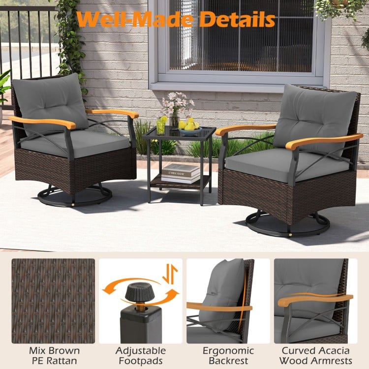 3 Piece Outdoor Swivel Chair Set with Tempered Glass Side Table-Gray