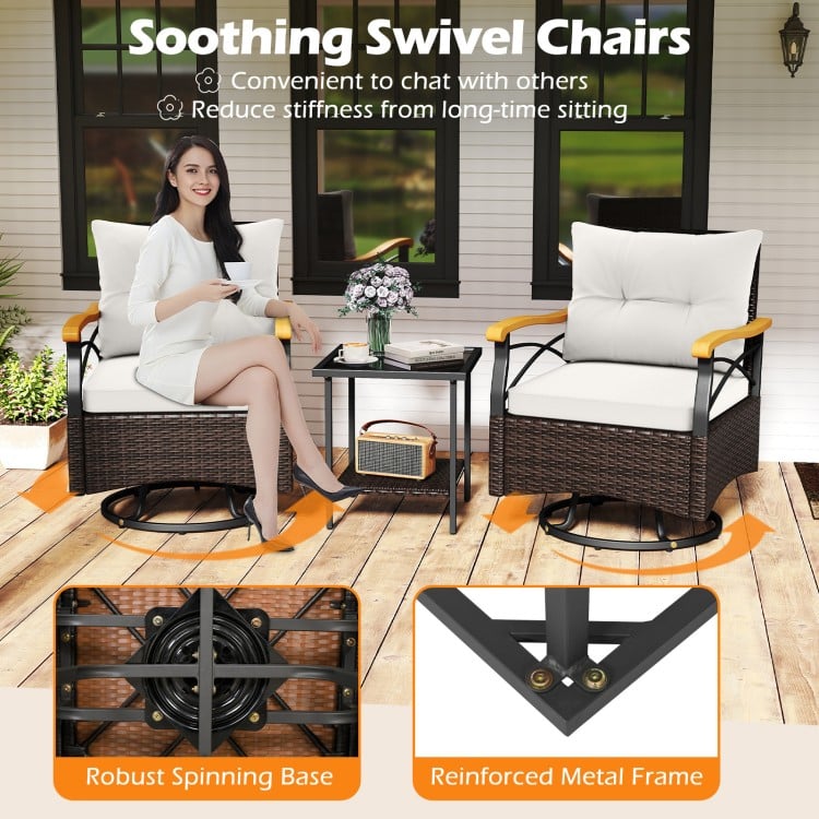 3 Piece Outdoor Swivel Chair Set with Tempered Glass Side Table-White