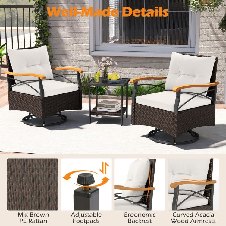 3 Piece Outdoor Swivel Chair Set with Tempered Glass Side Table-White