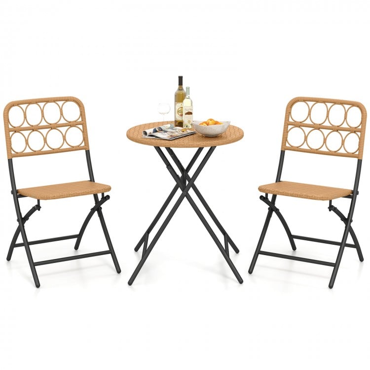 3 Piece Patio Bistro Set Folding Round Table and Chairs with Wicker Seat