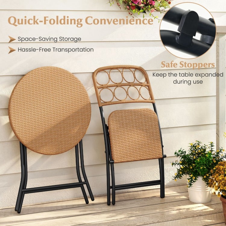 3 Piece Patio Bistro Set Folding Round Table and Chairs with Wicker Seat
