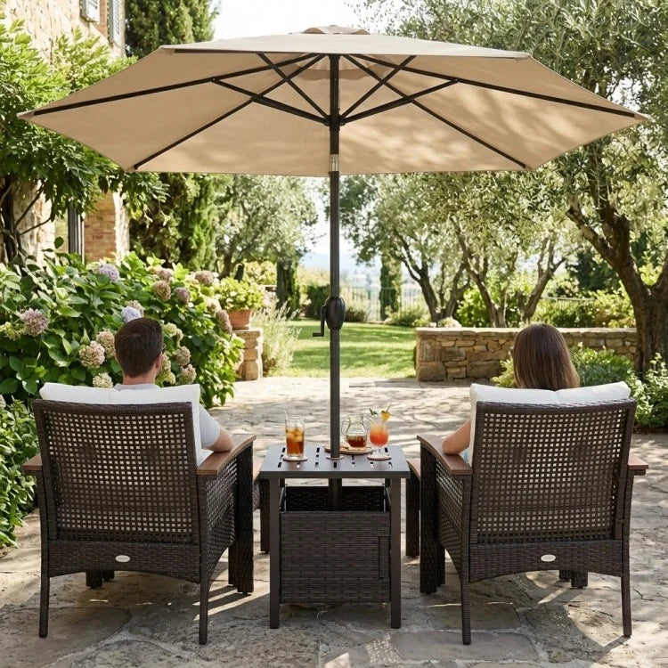 Product Title 3-Piece Patio Lounge Bundle – 5-Piece PE Rattan Conversation Set with Wicker Umbrella Side Table & 7.5 FT Tilt Market Umbrella