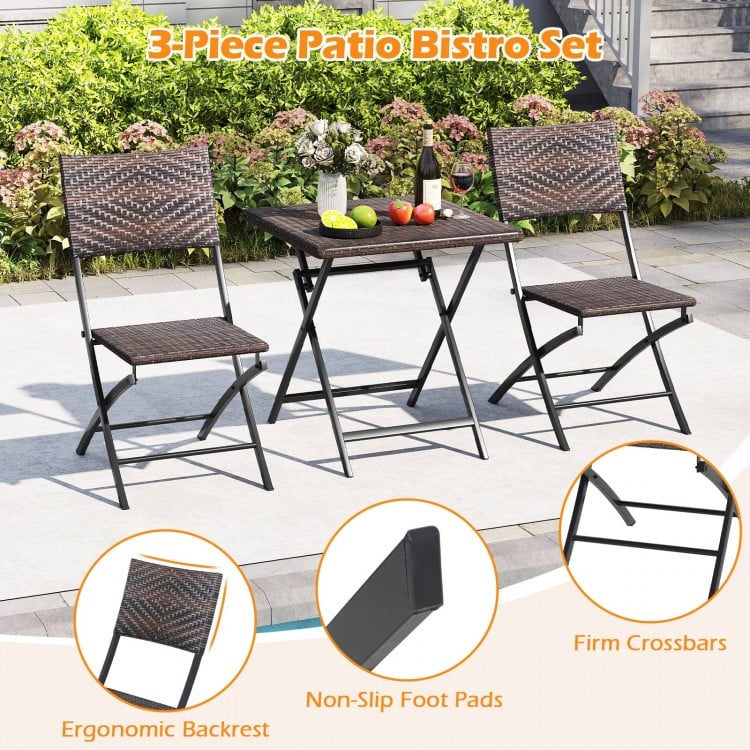 3 Piece Rattan Bistro Set Outdoor Folding Dining Table and Chairs with Wicker Seat