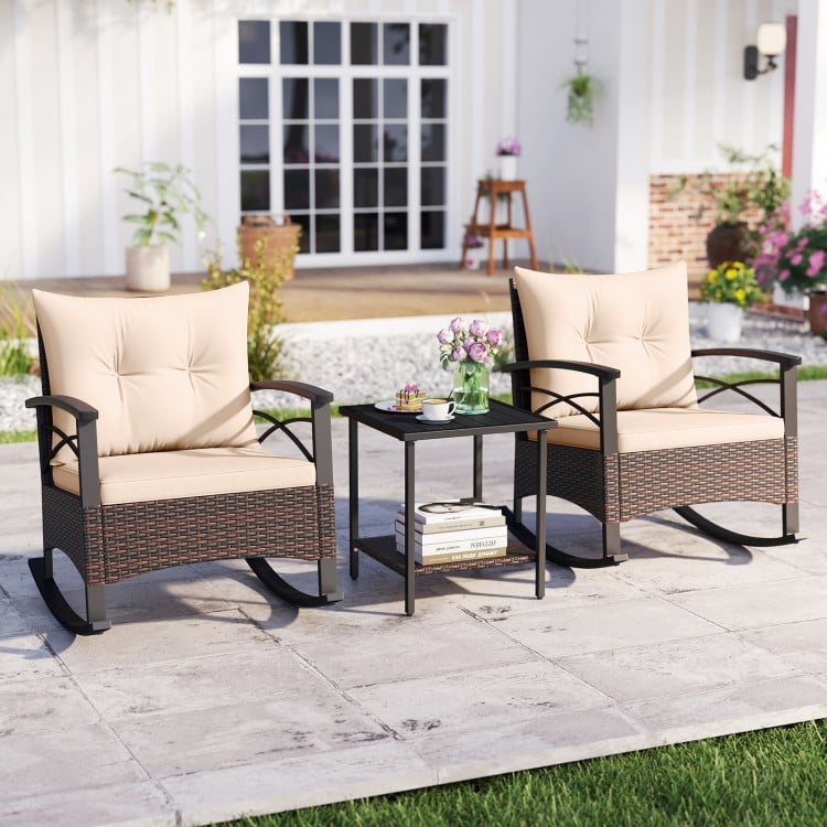 3 Piece Rocking Bistro Set PE Rattan Rocker Chairs with Acacia Wood Top Table-Beige