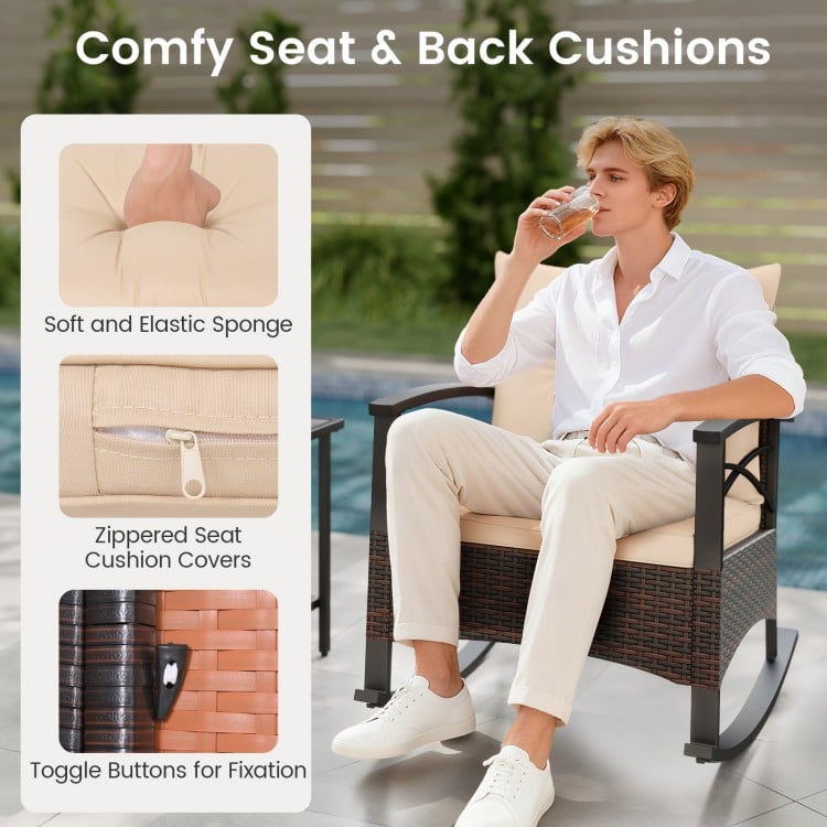 3 Piece Rocking Bistro Set PE Rattan Rocker Chairs with Acacia Wood Top Table-Beige