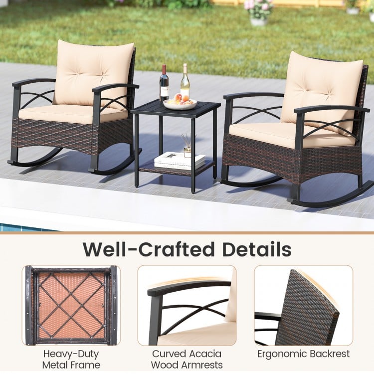 3 Piece Rocking Bistro Set PE Rattan Rocker Chairs with Acacia Wood Top Table-Beige