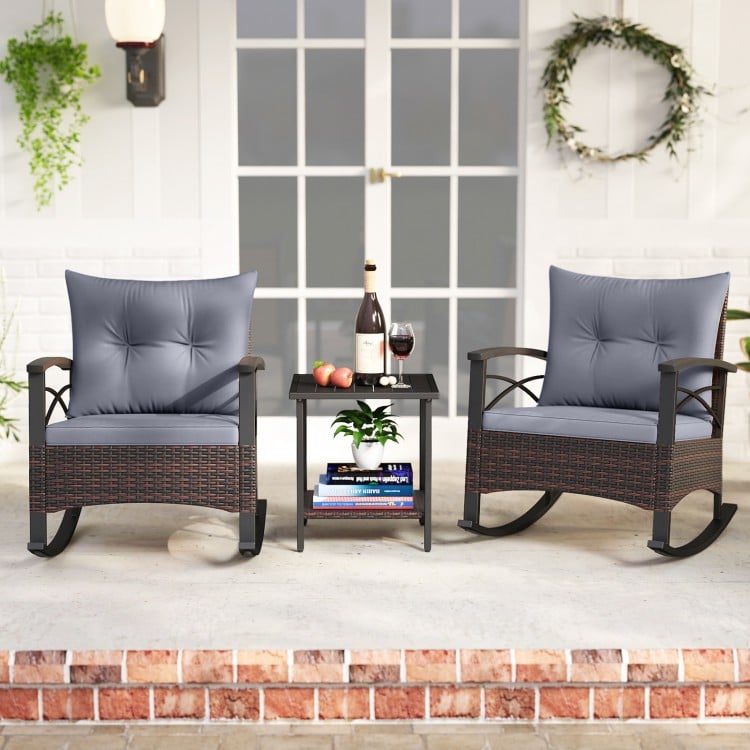 3 Piece Rocking Bistro Set PE Rattan Rocker Chairs with Acacia Wood Top Table-Gray